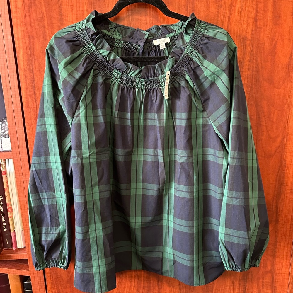 Talbots Green and Black Tartan Plaid Checkered Blouse 100% cotton. NWT
